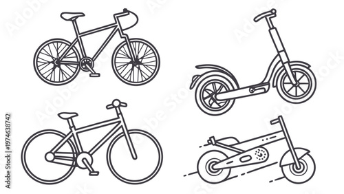 Set of different bicycles including city bike mountain bike and scooter minimal line illustration