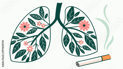 World no tobacco day concept with lungs filled with leaves and flowers and cigarette smoke symbolizing harm and healing minimal illustration