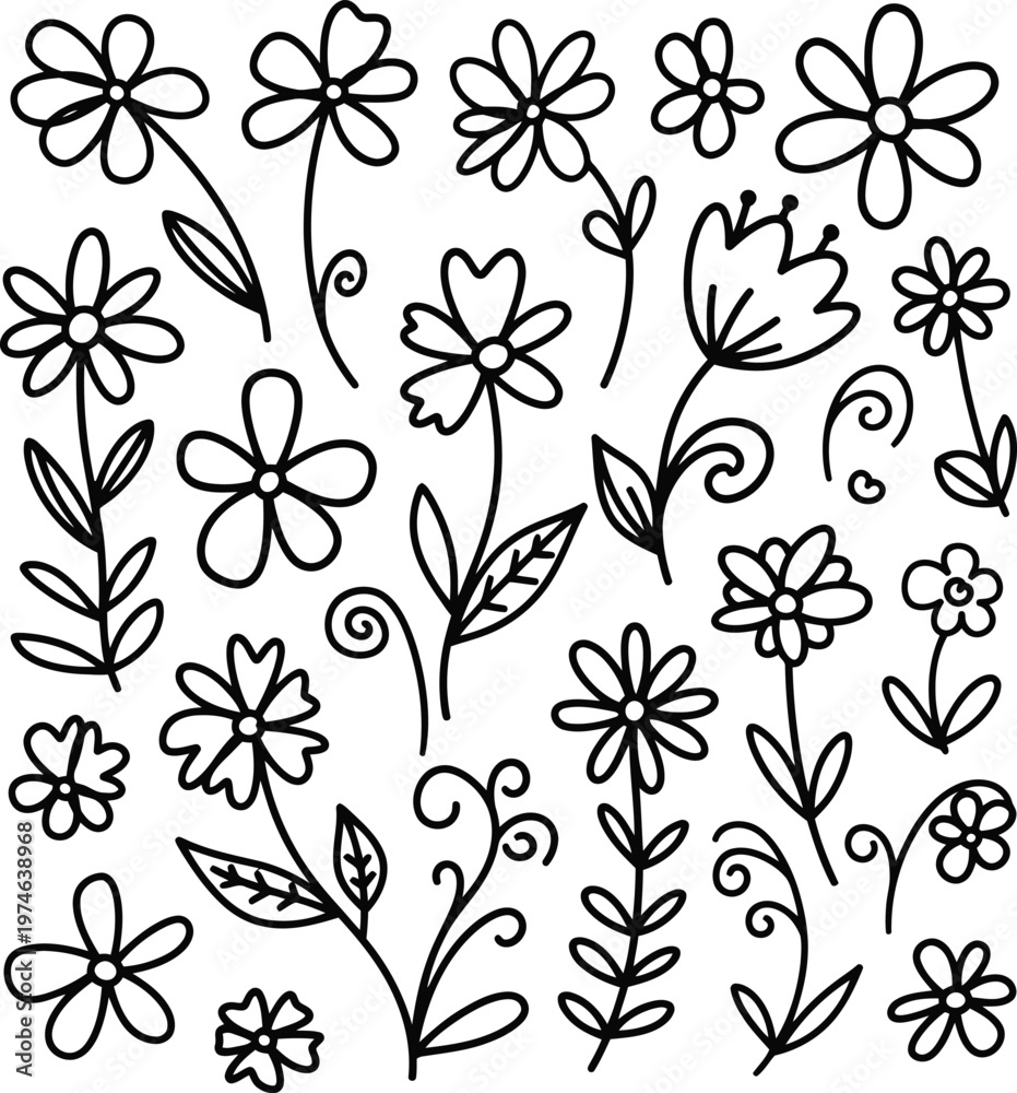 Fototapeta premium Collection of simple line art flowers and floral elements
