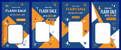 Four colorful flash sale posters with geometric shapes are displayed side by side on a white background