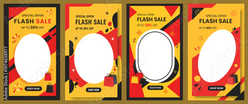 Four yellow flash sale posters with red and black designs are displayed on a wall.