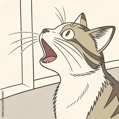 Cat looking left with open mouth and window feline animal
