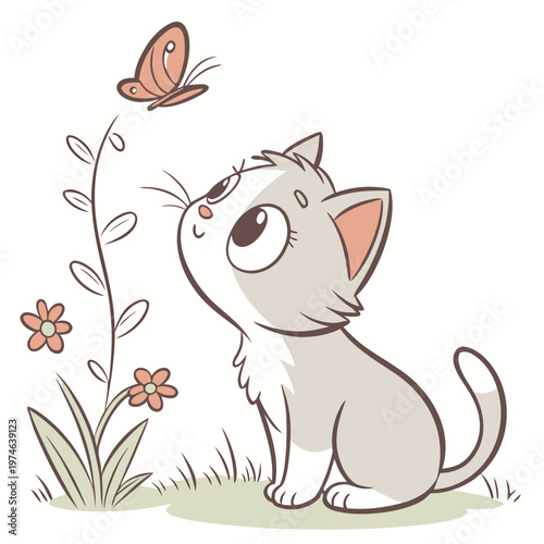 Cartoon cat watching a butterfly with flowers