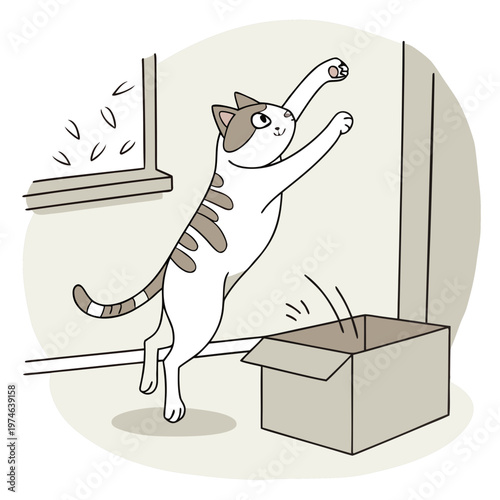 Cat jumping up to catch something window leaves