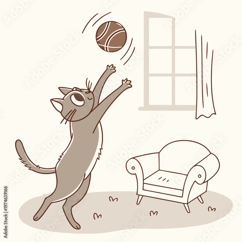 Cat playing basketball in a cozy room chair window curtain