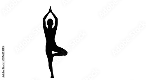 Silhouette of a woman in Tree Pose (Vrksasana) yoga, isolated on white background