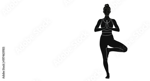 Silhouette of a woman in tree pose yoga, practicing mindfulness and balance on white background