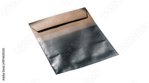 A shiny silver and brown foil pouch isolated on a black background