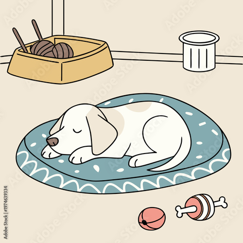 Sleeping dog on blue dog bed with toys and food bowl nearby dog toys dog bowl