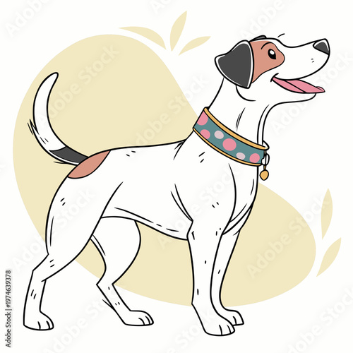 Dog wearing a colorful collar and standing on a beige background cartoon