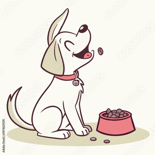 White dog with red collar catching dog food from bowl catching food