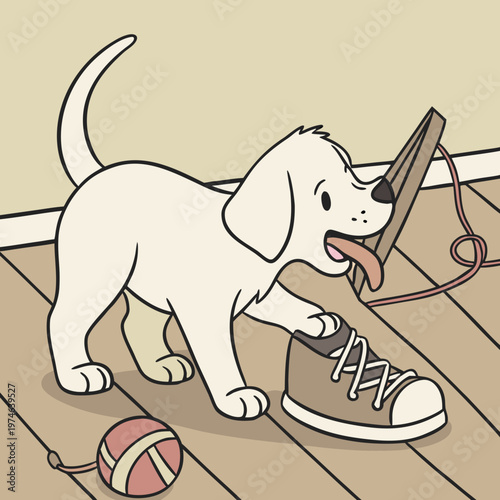 White puppy playing with shoe and red ball on wooden floor