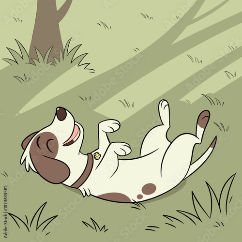Dog rolling on green grass in shaded area with tree