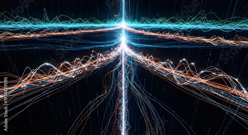 Vivid Light Trails Converging at Central Beam Over Dark Background