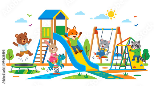 Cute cartoon animals playing on a colorful playground with slide and swings