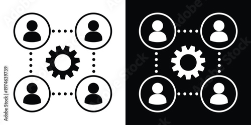 Four outlined person icons connected by dotted lines around a central gear. Symbolizes teamwork, operational management, business synchronization, and organizational workflow.