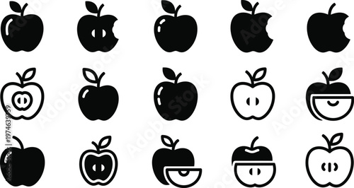 Black and white apple in various styles and orientations fruit symbols
