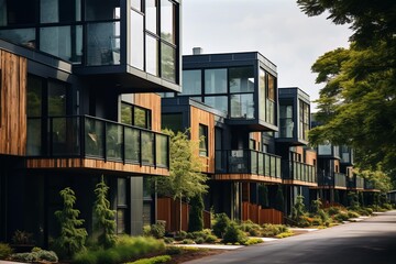 Row of contemporary modular townhouses with wood siding, glass balconies, and landscaping