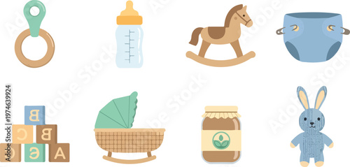 Collection of baby essentials featuring classic nursery items designed for infant care and play.