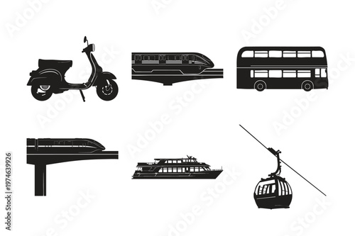 Public transit and water transport vehicle silhouette set bundle sign.