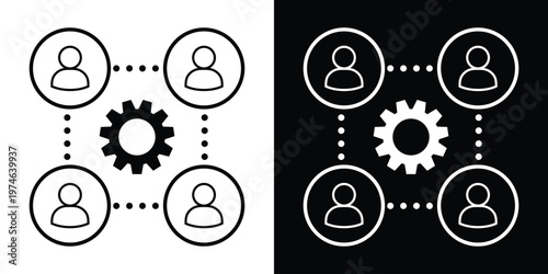 Four outlined person icons connected by dotted lines around a central gear. Symbolizes teamwork, operational management, business synchronization, and organizational workflow.