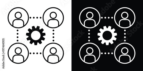 Four outlined person icons connected by dotted lines around a central gear. Symbolizes teamwork, operational management, business synchronization, and organizational workflow.