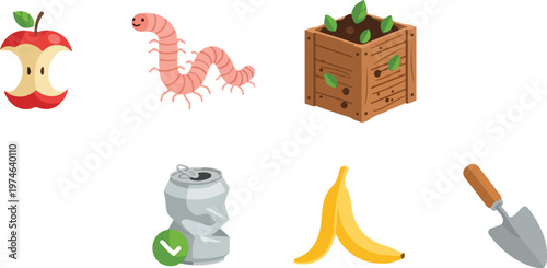 Composting elements like apple core banana peel worm and plant seedling in wooden box for recycling and organic waste.