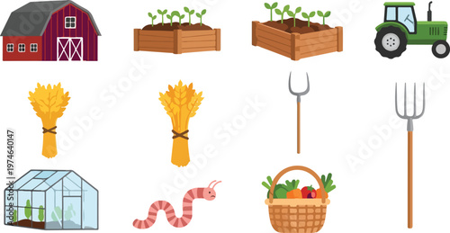 Collection of various farming elements including barn, tractor, greenhouses, plants, and farm tools.