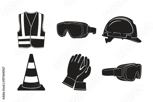 Safety gear and climbing equipment silhouette set bundle icons.