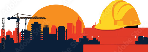 Construction site with crane, unfinished buildings, city skyline silhouette at sunset, and yellow safety hard hat.