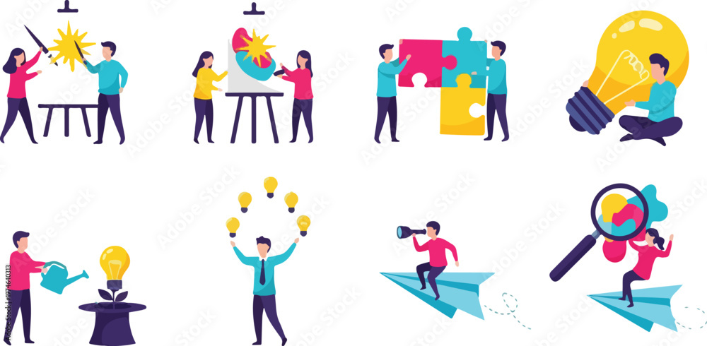Fototapeta premium Creative concept illustrations showing tiny people working together on ideas with puzzles light bulbs and paper planes.