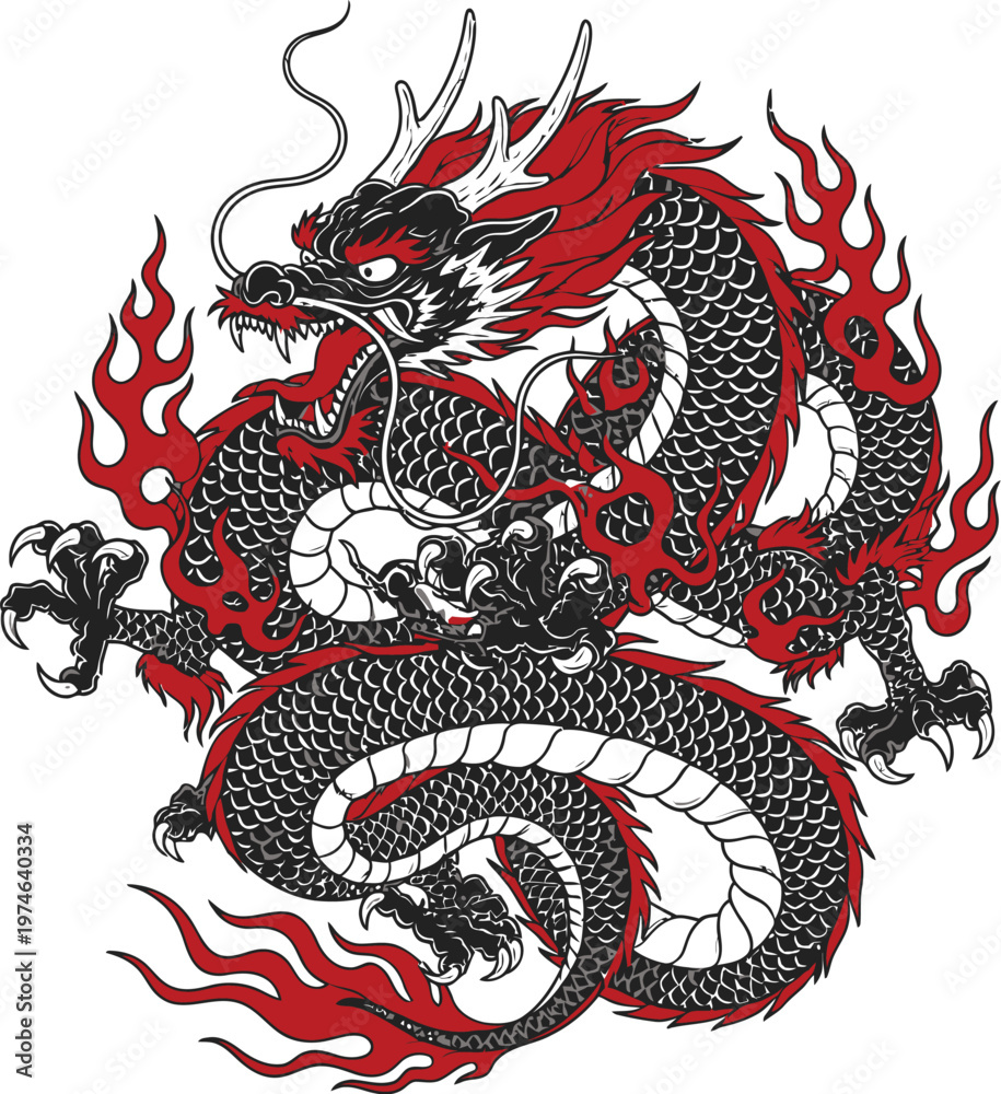 Fototapeta premium Chinese dragon with tribal, blackwork style and red accents fire silhouette. 