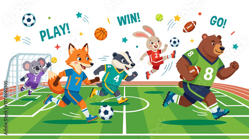 Cute cartoon animals playing soccer and American football on a stadium field
