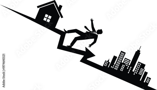 Real estate market crash or financial crisis. Businessman sliding down a sharp arrow, with  rapid decline in value, business failure, or bankruptcy. 