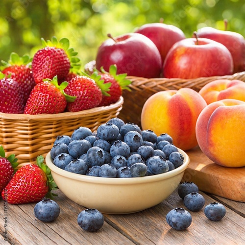 Fresh summer fruits including strawberries, blueberries, peaches and apples arranged in baskets on rustic wooden table.