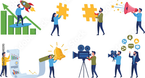 Digital marketing and social media promotion with people engaging in various online activities.