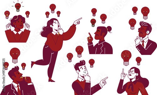 Diverse individuals contemplating and having ideas represented by numerous light bulbs above their heads.