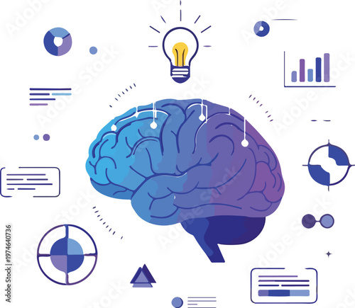 Human brain with glowing lightbulb idea and data visualization elements representing artificial intelligence and science.