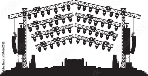 Concert stage lighting rig silhouette vector illustration with trusses and spotlight gear