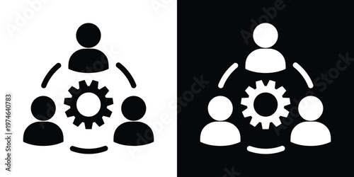 Three user silhouettes connected in a circular formation around a gear. Represents group collaboration, social networking, shared ideas, and community-driven business solutions.