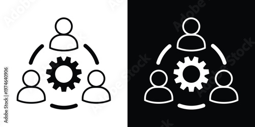 Three user silhouettes connected in a circular formation around a gear. Represents group collaboration, social networking, shared ideas, and community-driven business solutions.