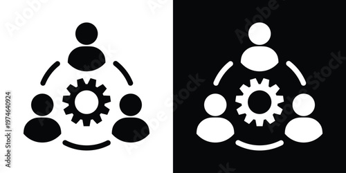 Three user silhouettes connected in a circular formation around a gear. Represents group collaboration, social networking, shared ideas, and community-driven business solutions.