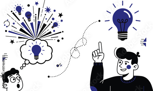 Man with lightbulb idea, thinking bubble with lightbulb, burst of lights and shapes, another person looking in surprise.