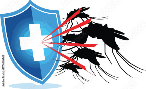 Medical shield protecting health from swarm of mosquitoes vector illustration representing malaria prevention and safety.