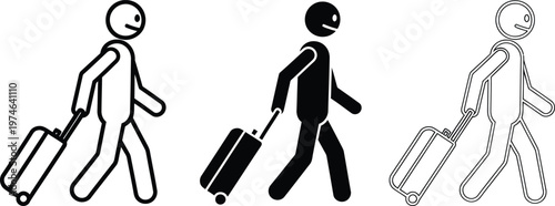 Passenger with baggage icon. Walking person with luggage vector illustration. Traveling person on a vacation symbol. Passenger with a trip suitcase sign. Black and outline traveler silhouette 