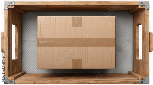 A cardboard box is placed inside a wooden crate with handles on either side.