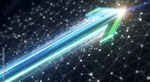 Futuristic Neon Arrow Surging Forward in Network Grid