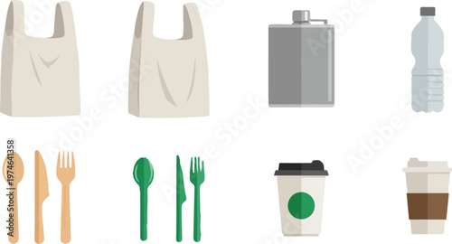 Shopping bags, reusable bags, flask, water bottle, disposable cutlery, coffee cup, take away mug.