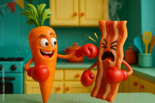 Cartoon carrot punches a bacon strip in a colorful kitchen.