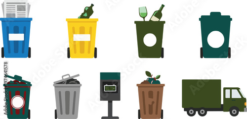Variety of trash bins and recycling containers for waste management and environmental protection, including a truck.